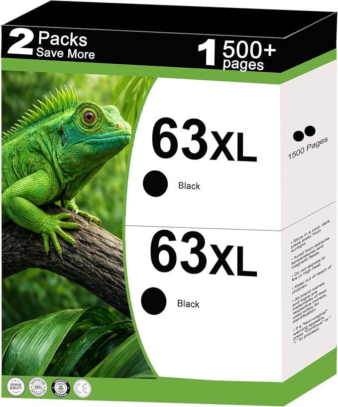63XL Black Ink Cartridge Replacement for HP 63 XL 2 Pack for HP63 HP63XL for 3632 5252 4652 4510 3631 3630 1112 2130 4512 4650 3830 5255 4520 4655 5222 5200 5258 5212 with V28.3.1 Chips (2-Pack,Black)