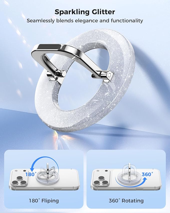 SUPERONE for MagSafe Phone Grip, Adjustable Magnetic Phone Ring Holder | Removable Phone Finger Ring Kickstand，Mag Safe Accessories Only for iPhone 17 - 12 Series, Mag Safe Case - Glitter Silver