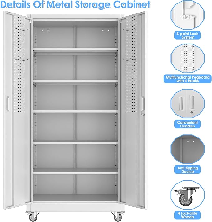 Metal Storage Cabinet with Wheels and Pegboard, 71" Tall Industrial Steel Cabinet with 5 Adjustable Shelves & Locking Doors, Rolling Garage Storage Cabinet for Office, Pantry, Home