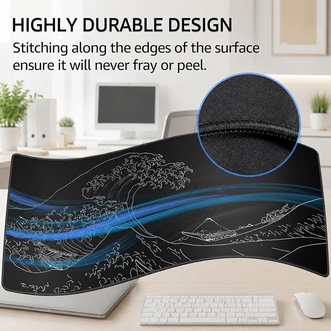 KTRIO Large Gaming Mouse Pad, Desk Mat, 31.5 x 11.8 in, Kanagawa Wave, XL | Smooth Micro-Weave Surface, Artistic Pattern Design, Non-Slip Rubber Base, Durable Stitched Edges, Office & Home Use