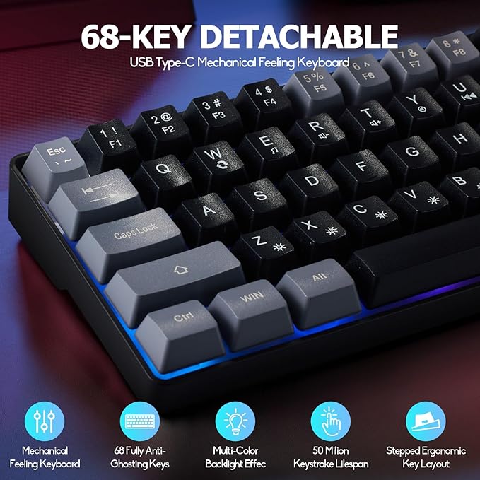 Wired Portable 60% Mechanical Feeling Gaming Keyboard,RGB LED Backlit Compact 68 Keys Mini Wired Office Keyboard for Windows Laptop PC Mac Gamer, Typist, Travel on Business Trip Black–Grey