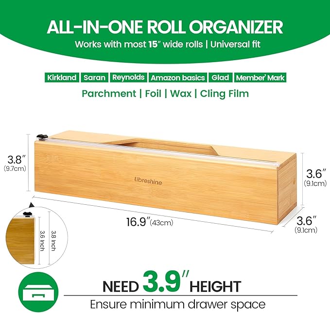 15 Inch Parchment Paper Dispenser with Cutter for Costco-Sized Roll, Bamboo Kitchen Drawer Organizer for Foil & Wax Paper, Wall-Mounted Large Food Wrap Holder
