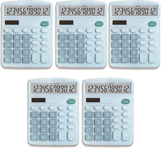 YOUHO Calculator, 12-bit Solar Battery Dual Power Standard Function Electronic Calculator with Large LCD Display Office Calculator Black(5 Battery) (KK-837B, 5PACK，Blue)
