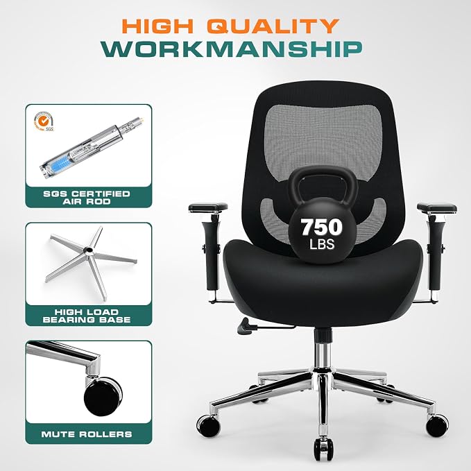 750lbs Big and Tall Office Chair with Wide Thick Seat Cushion for Heavy People Ergonomic Computer Mesh Desk Chairs with 4D Armrests, Adjustable Lumbar Support for Adults 8 Hours daliy Work