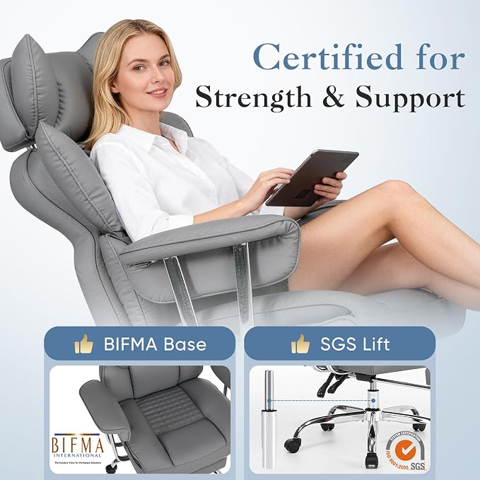 DUMOS Big and Tall Home Office Desk Chair, Executive Chair with Footrest | Scratch-Resistant PU Leather, Ergonomic Reclining, Pocket Spring Support, 400 LBS Weight Capacity, Grey