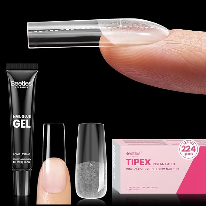 Beetles Tipex Instant Apex Nail Tips, Long Square, 16 Sizes (00-14), 224PCS with 20g Tipex Solid Nail Glue, Thick Strong Tips with Built-In Apex for DIY Extensions