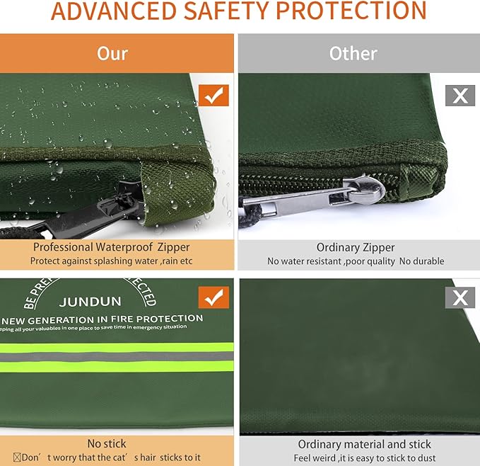 JUNDUN Fireproof Document Bag,14.2”x 10.0”Waterproof and Fireproof Money Bag with Aluminum Foil Lining,Fireproof Safe Storage Pouch with Zipper for Document and Cash,Green