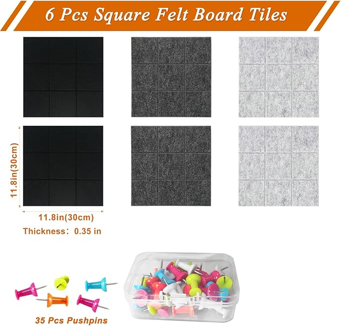 Large Square Felt Cork Board Tiles, Self Adhesive DIY Felt Bulletin Board with 35 Pushpins for Office School Home Wall Decor Stickers Memos (Black & Grey)