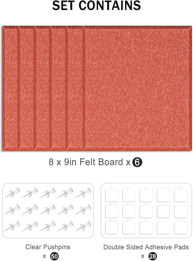 Hsurbtra Cork Board for Wall 24 x 18 Inch, 6 Pack Felt Bulletin Notice Board with Pushpins for Office Home School Farmhouse Wall Decor, Orange
