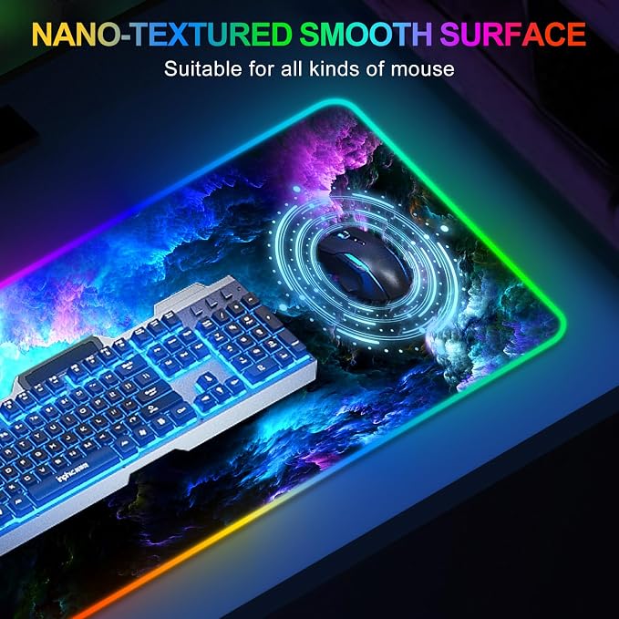RGB Gaming Mouse Pad Large, Extended LED Mouse Mat XXL 35.4x15.7 inch, 14 Lighting Modes, 2 Brightness, Non-Slip Rubber Base Mousepad Waterproof Keyboard Mat,Fantasy Nebula Sky