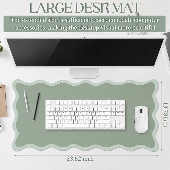 Hahafelt Scalloped Desk Mat Waterproof,Antique Green,31.5 X 15.8 Inches | Coquette Preppy Style for School Office Makeup Vanity, Nonslip Gaming Desktop Protector with Scalloped Stitched Edge Mat
