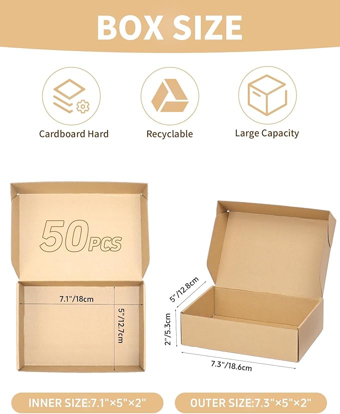 50 Pack Small Shipping Boxes, 7x5x2 Inch Brown Cardboard Boxes for Small Business