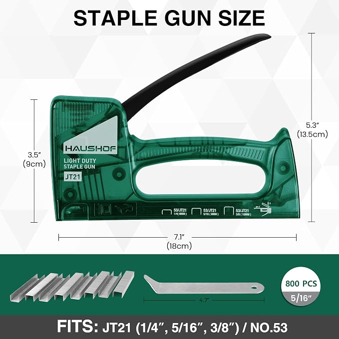 HAUSHOF Light Duty Staple Gun, Upholstery Staple Gun with 800PCS JT21 Staples and Stapler Remover, Fits JT21 Staple of 1/4'', 5/16'' & 3/8'', Used for Wood, Classroom, Crafts, DIY (Green Transparent) | Upholstery Staple Gun Fits JT21 Staple of 1/4'', 5...