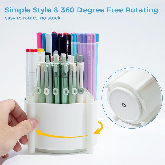 M&G 360 Degree Rotating Desk Organizer, 4 Slot Pencil Holder with Stickers, Multi-Purpose Cute Pen Pencil Cup for Make Up Brush Office School Home (White)