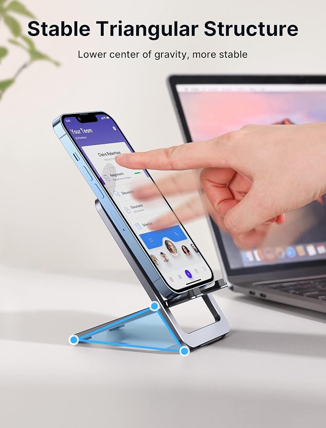 JSAUX Fold-Flat Cell Phone Stand, Adjustable Desk Holder-Gray | Easy to Carry, Travel Friendly, for 4-8 Inch Phones, 0-90° Viewing, Sturdy Aluminum, Reinforced Swivel, Charging Access