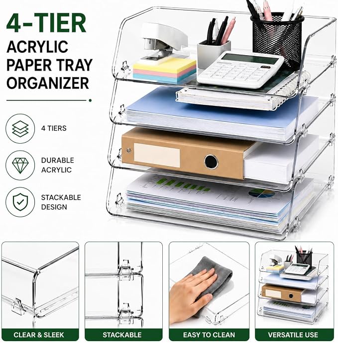 Clear Acrylic Paper Tray, 4 Tier Paper Organizer for Desk | Clear 4-tier organizer for files, folders & documents. Keeps desks tidy with easy-access vertical storage for office or home.