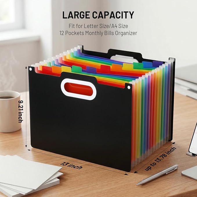 Comix Expanding File Folder, 13 Pockets Accordion File Organizer, Black | Letter/A4 Size Document Organizer for Home Office School