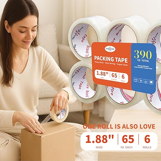 Heavy Duty Packing Tape for Shipping, Scotch Tape,Total 390Y, 1.88 inch x 65 Yards,6 Pack Clear Packing Tape, Scotch Packaging Tape with Dispenser