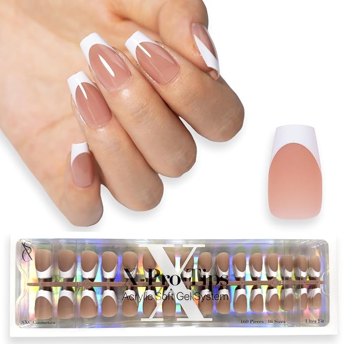 SXC Cosmetics French Tip Press On Nails Brown Short Coffin 160 Pieces in 16 Sizes Ultra Fit with Pre-applied Tip Primer and Base Coat, No Need to File Fake Nails for Nail Art DIY X-Pro Tips