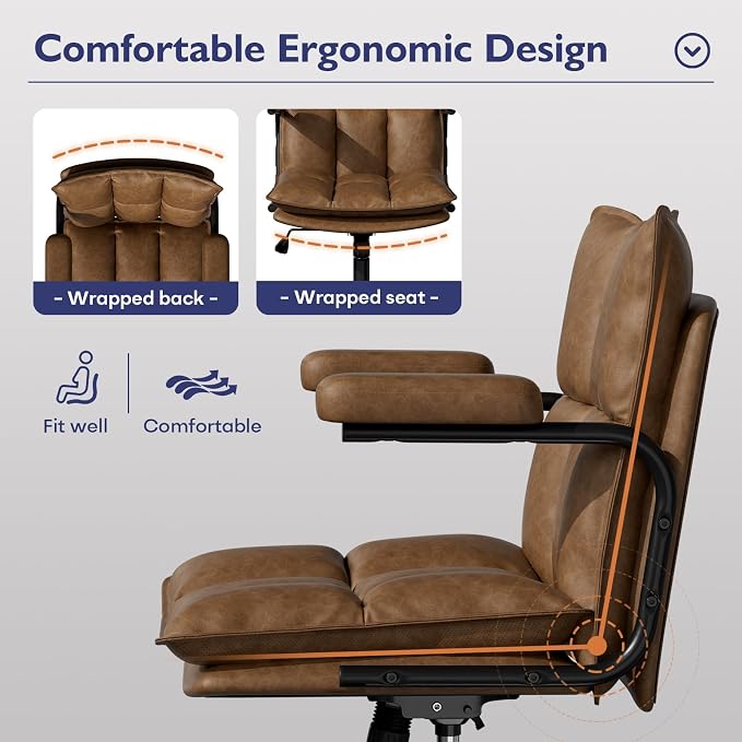 Mid Century Modern Desk Chair, Vintage Leather Office Chair, Brown | Petite Computer Chair for Small to Medium Women, Thickened Back, Cozy Seat, Adjustable Height for Home