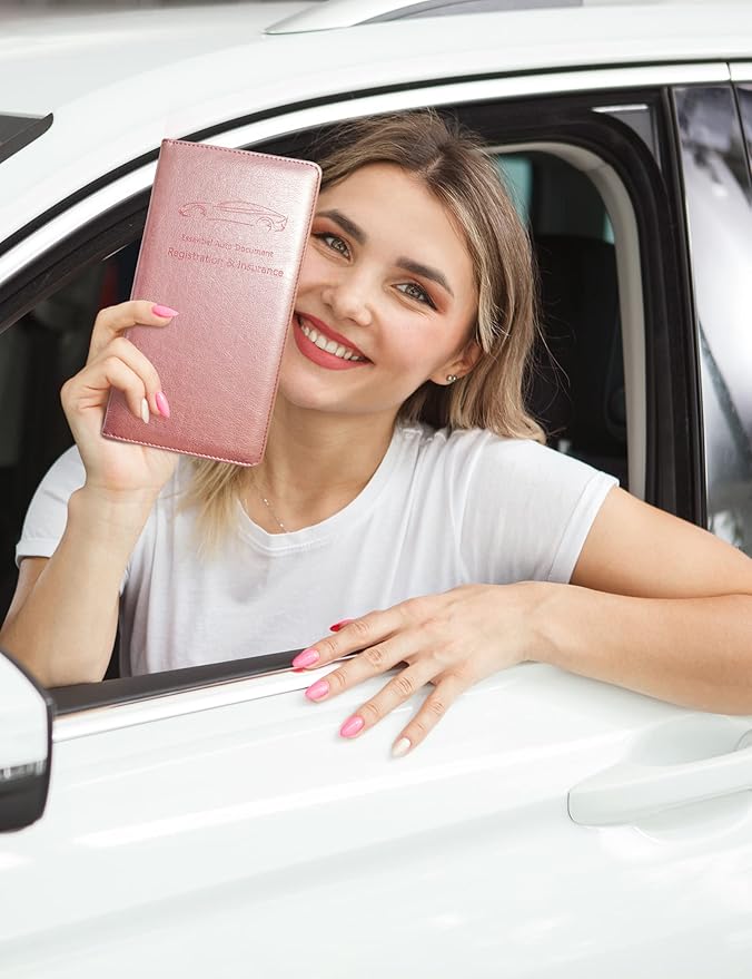 Yarnic Car Registration and Insurance Holder, Car Document Holder with Magnetic Closure, Car Wallet for Driver License, Cards and other Essential Documents (Rose Gold)