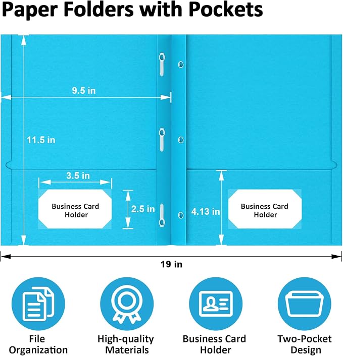 Folders with Pockets and Prongs, 6 Pack Colors Pocket Folder with Prongs | Heavy Duty, Paper, 2 Pocket 3 Prong, File Folders, Business Card Slot, Back to School, Office, Letter Size