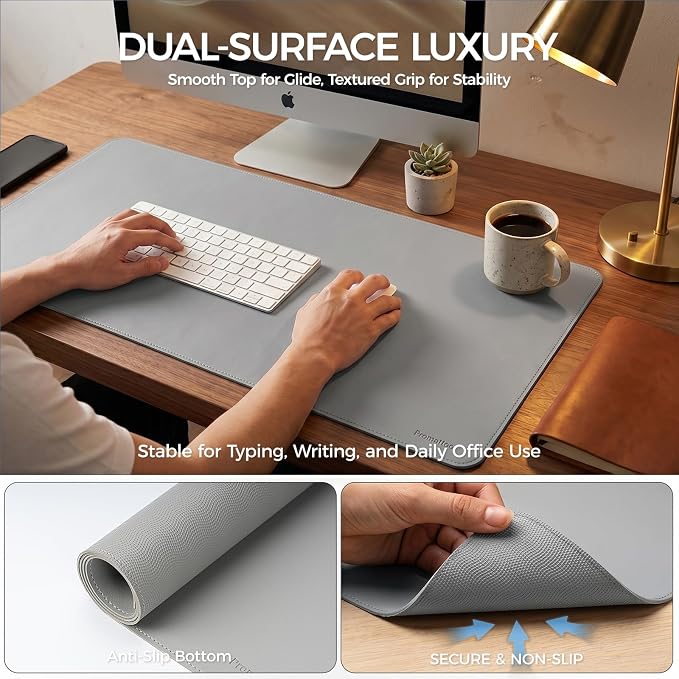 Large Desk Pad Non-Slip Desk Mat Protector for Keyboard Mouse Waterproof Vegan Leather Surface Faux Leather Laptop Mat Smooth Mouse Pad Premium Gift Tube Mist Gray 47" x 17"