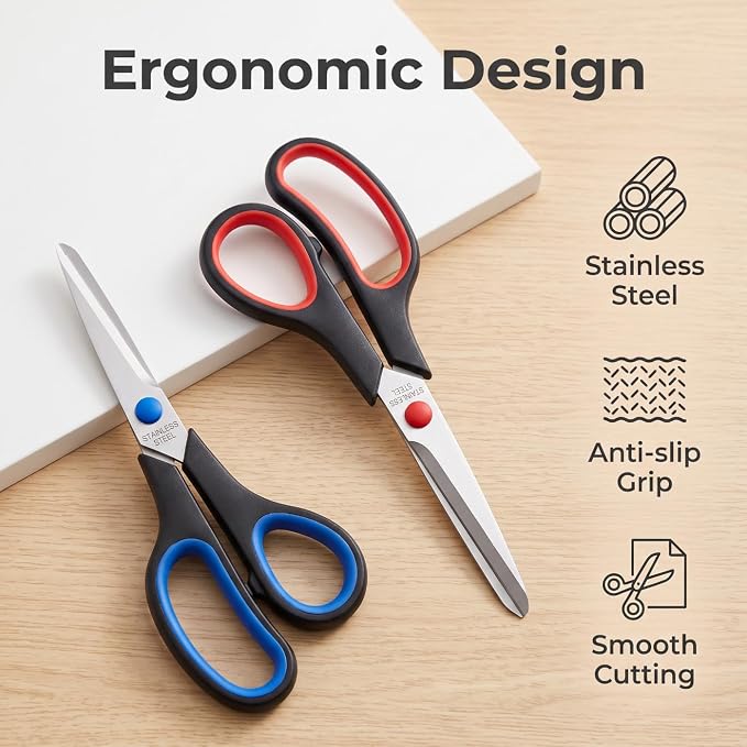 Office Scissors 8 Inch 2 Pack, All Purpose Sharp with Ruler & Knife Set | Ergonomic soft grip handles & heavy duty stainless steel blades, designed for craft, fabric, school, desk & everyday cutting