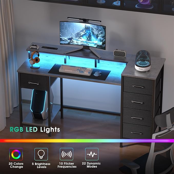 55 Inch Gaming Desk with Power Outlets and LED Lights, Reversible Computer Desk with 5 Fabric Storage Drawers, Home Office Desk with Monitor Stand for Working Writing Study, Grey