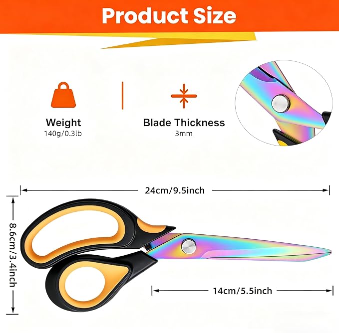Multi-Purpose Scissors, 9.5" Sharp Sewing Scissors, Professional Heavy Duty Titanium Coating Forged Stainless Steel Shears for Fabric Leather, Dressmaking, Tailoring, Home, Office & School