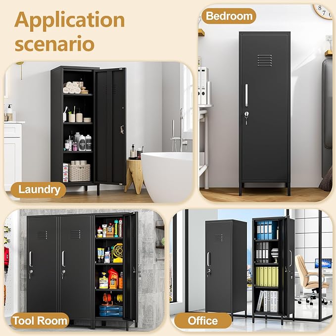 Metal Storage Locker,47" H Home Office Storage Lockers for Employees with 1 Locking Door ＆ 3 Adjustable Shelves,File Storage Cabinets forGarage, School, Office, Gym (Black)