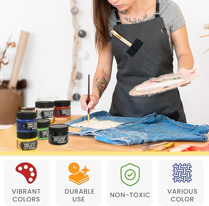 Falling in Art Fabric Screen Printing Ink Set, 4-Ounce Permanent Fabric Paints for T-Shirt and Silk Printmaking, 6 Colors