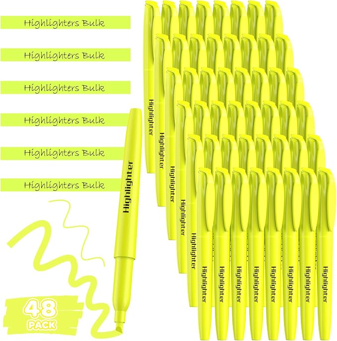 48 Pack Yellow Highlighters - Bulk Set with Chisel Tip, Quick Dry Ink and No Bleed Through, For Studying, Note-Taking, Back to School, Office, Students & Teachers Supplies