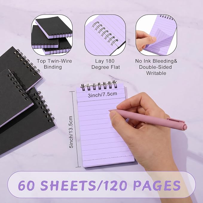 Tenceur 6 Pcs Pocket Notebook Small 3x5 Inch Black Cover Purple Page Top Spiral Notepads Bound Notebook with Lined 120 Pages Mini Memo Pads for Office College Nurse Essentials Back to School Gift