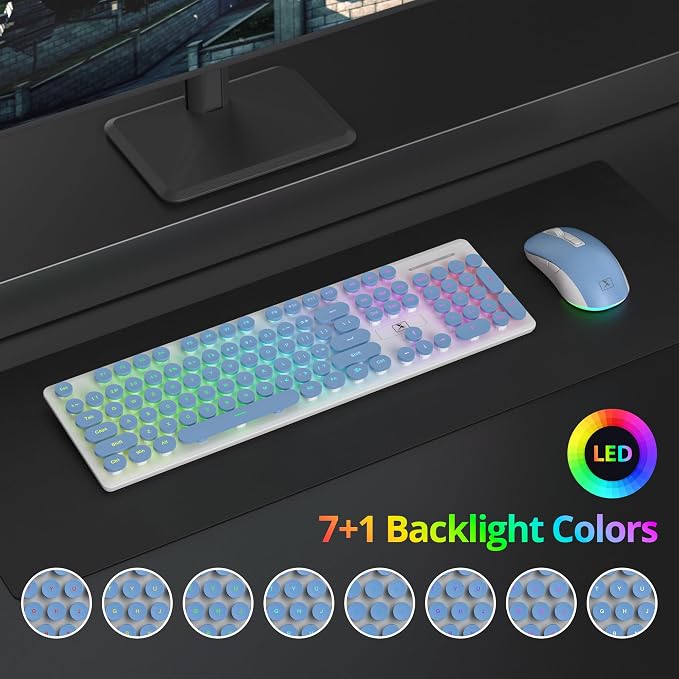 Backlit Wireless Keyboard and Mouse, 2.4GHz Light Up Typewriter Rechargeable Cordless Quiet Keyboard with USB Receiver for PC/Laptop (Blue)