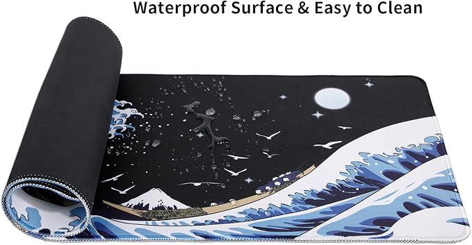 MEWOOCUE® Gaming Mouse Pad for Desk,Large Wave Mousepad Laptop,Black Japanese Anime Mouse Mat,Long XXL Waterproof Keyboard Pads,Big Non-Slip Mousepads for Game Office Home（35.4 x 15.7 in）