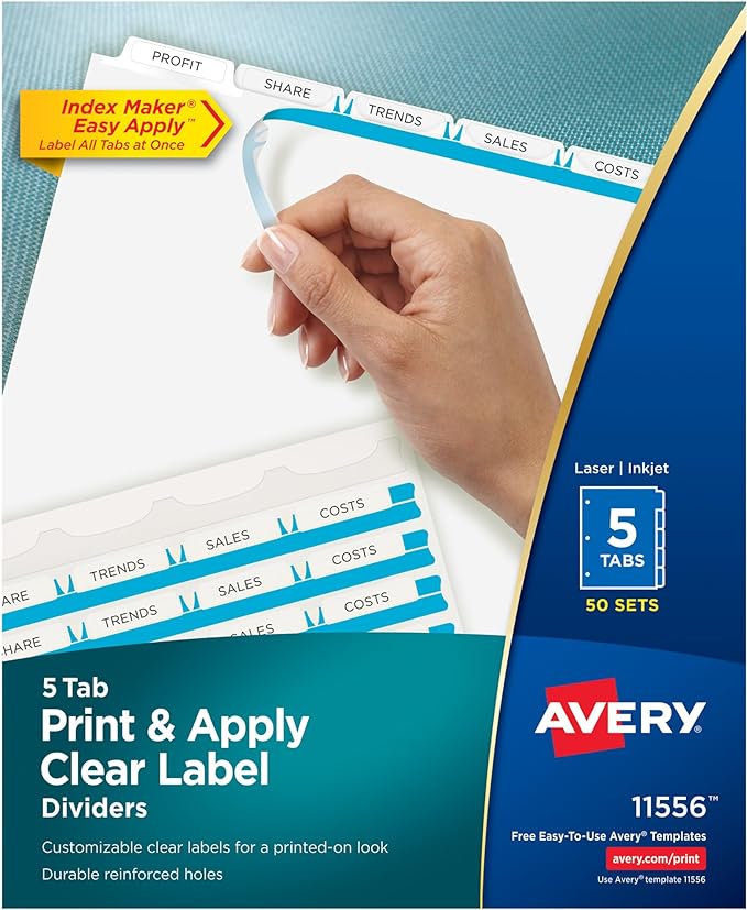 Avery 5 Tab Dividers for 3 Ring Binder, Easy Print & Apply Clear Label Strip, Index Maker Customizable White Tabs, 4-Pack of 50 Sets, 200 Sets Total (11556)