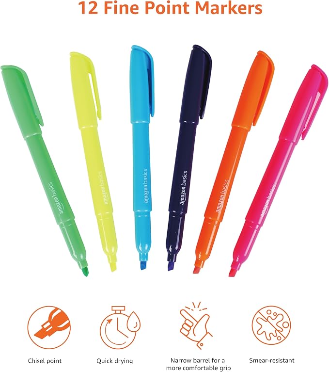 Amazon Basics Chisel Tip Highlighters, Fluorescent Ink, Vibrant Assorted Colors, School Supplies, 12-Pack