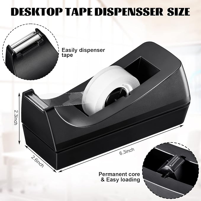 20 Pack Desktop Tape Dispensers Non Slip Base Bulk Set,Black | Stable Weighted Bottom Prevents Sliding, Fits Standard Rolls, Ideal for Office Home Classroom Desk, Refills Not Included