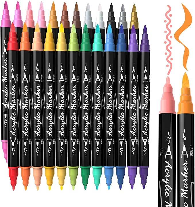 24 Colors Precision Dual Tip Acrylic Paint Markers Pens - Brush & Fine | Performs on Rock, Wood, Paper, Fabric, Egg, Scrapbook, Glass, Ceramic, Canvas, DIY Crafts Art Gift - School Supplies