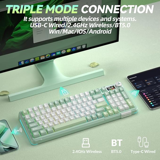 SOLAKAKA A99 Pro Wireless Mechanical Keyboard with BT5.0/2.4GHz/USB-C, LCD Screen & Metal Knob, Gasket-Mounted Gaming Keyboard, Full Hot-Swappable, RGB Creamy Keyboard for Win/Mac