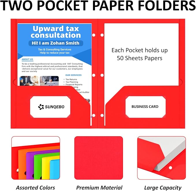 2 Pocket Folders, 6 Pack Folders with Pockets, 3-Hole Punch, File Folders | Heavy Duty Paper Folders, Fit Letter Size Paper, 6 Assorted Bright Colors, for School, Office, Home, Business