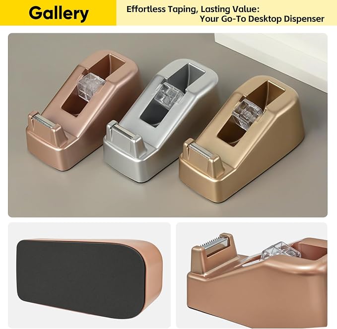 Aesthetic Metallic Finish Office Tape Dispenser, Fits 1" Core, Rose Gold | Standard 1-Inch Clear Tape Roll Holder, Elegant Stylish, Rubber Base, Smooth Cut Serrated Blade, Home Desktop Supplies Decor