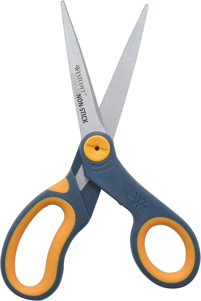 Westcott 8-Inch Non-Stick Titanium Scissors For Office and Home - Glide Adjust Technology - Grey/Yellow Craft, Fabric Scissors - 2 Pack