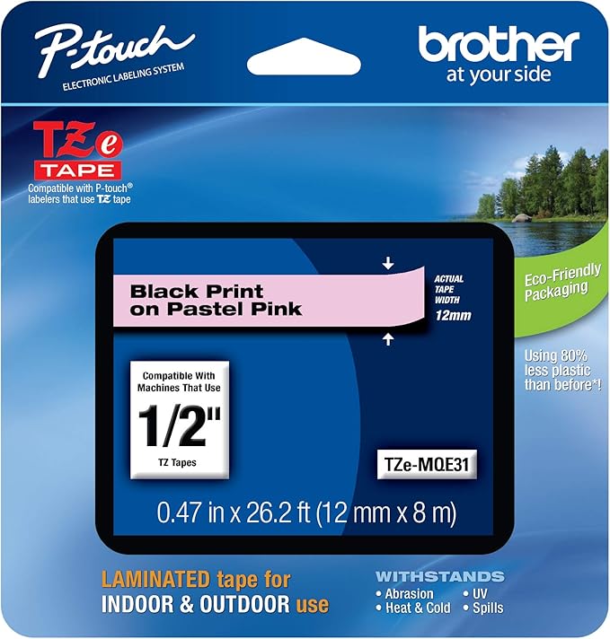 Brother Genuine P-Touch TZeMQE31 Tape, 1/2" (0.47") Wide Standard Laminated Tape, Black on Pastel Pink, Laminated for Indoor or Outdoor Use, Water-Resistant, 0.47" x 26.2' (12mm x 8M), TZEMQE31