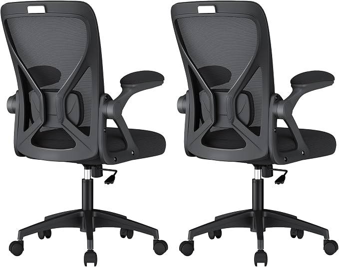 VASAGLE Ergonomic Mesh Office Chairs with Adjustable Lumbar Support, 90-105° Tilt Function, Wide Seat, Flip‑Up Armrests, Computer Desk Chairs for Home Office, Set of 2, Ink Black