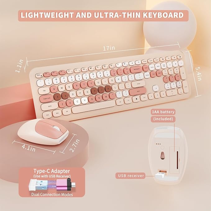 Wireless Keyboard and Mouse Combo, Cute Brown Retro Typewriter Keyboard with Number Pad, 2.4GHz USB Receiver + Type-C Adapter, Plug and Play for Laptop, Desktop, PC, Chromebook
