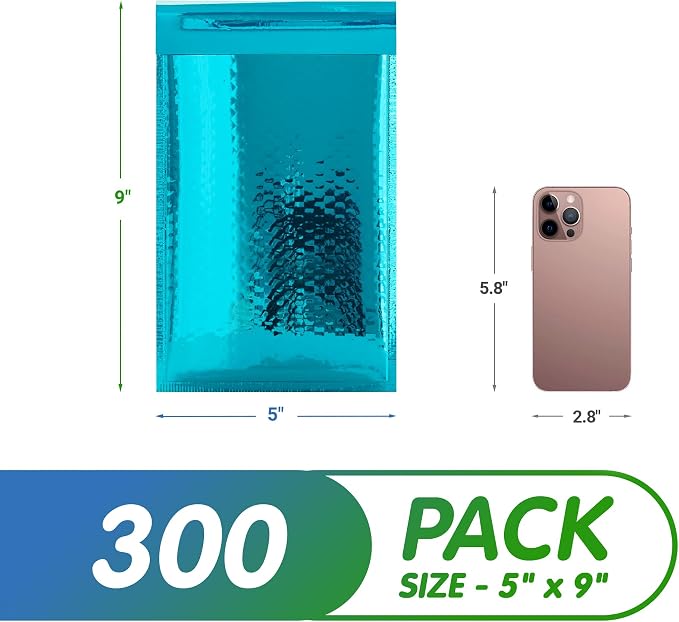 Glamour Metallic Bubble Mailers 8.5 x 11 Inches Teal, 300 Pack Padded Envelopes for Shipping, Mailing, Packaging Protection