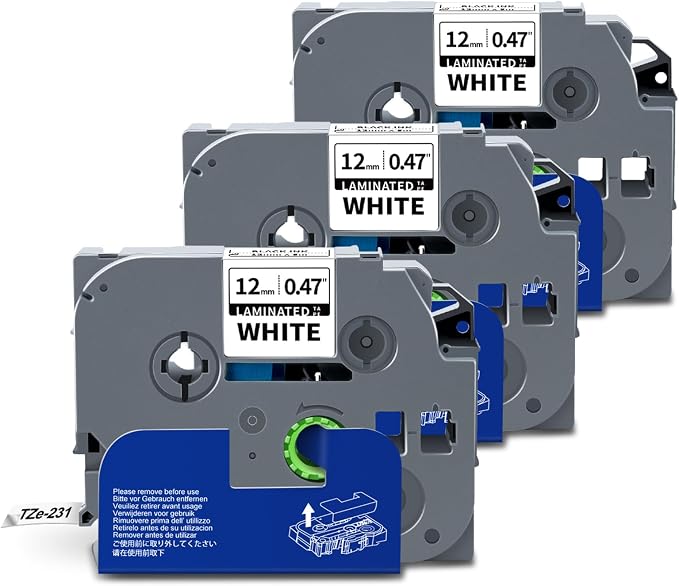 3-Pack TZe-231 Tape 12mm 0.47 Laminated White 1/2" x 26.2 ft | Compatible for Brother TZe231 TZ-231 Label Tape for P Touch Label Makers PTD220 PT-D210 D220 H110 D400 P300BT 1280