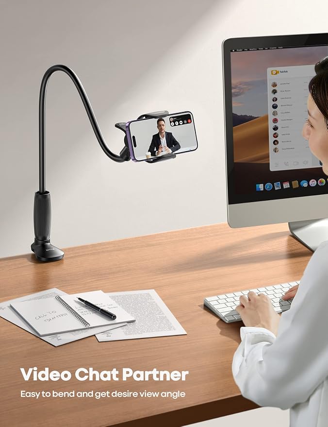 Lamicall Gooseneck Phone Holder for Bed, Stable Flexible Arm Stand for Desk | Upgraded Al-Mg Alloy Core, Secure Clamp Base, 33.4" Long Arm, Hands-Free Viewing, Bedside & Desk Use, Fits 4-7" Phones, Black